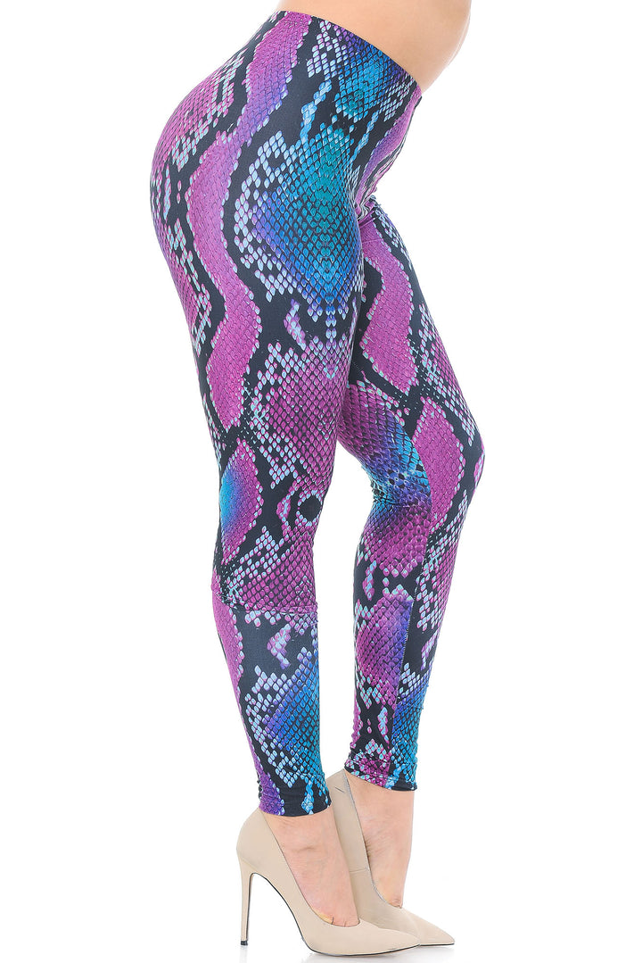 Creamy Soft Premium Women's Leggings Pink and Blue Snakeskin Plus Size, High Rise, Stretchy & Breathable, Comfortable Fit - by USA Fashion