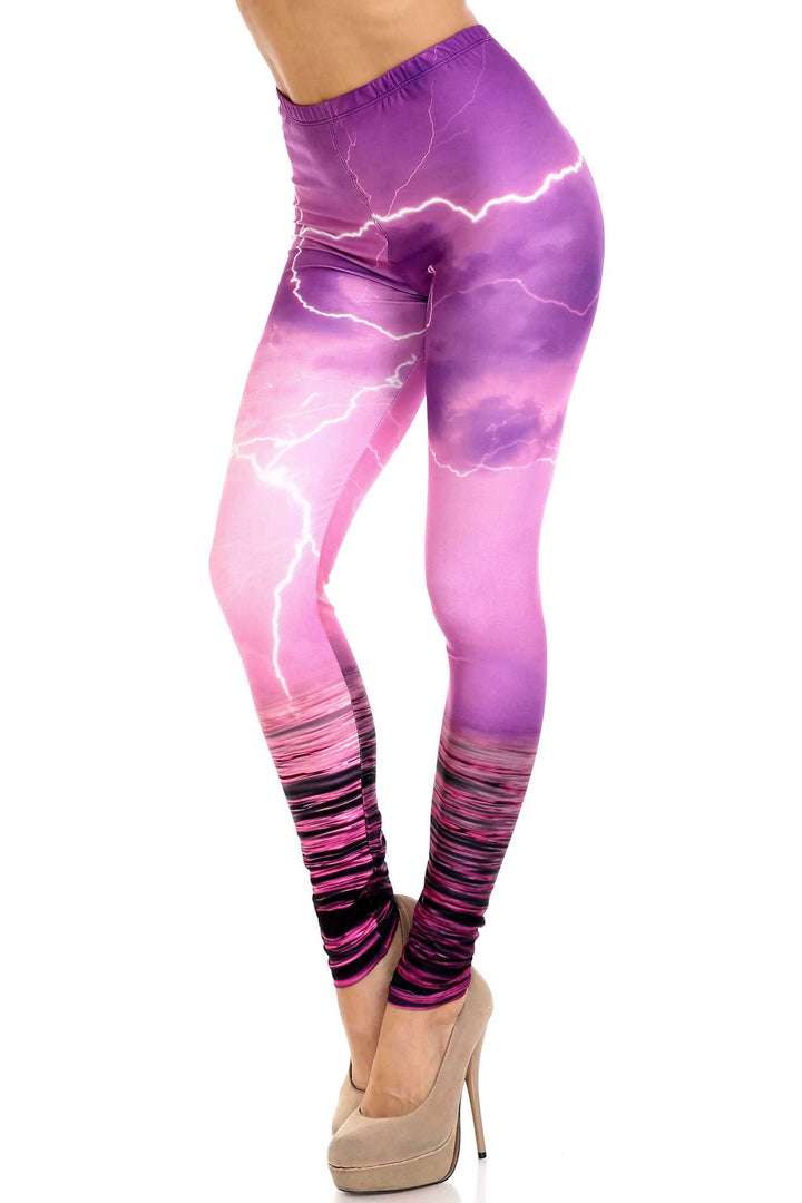 Plus Size - Creamy Soft Women's Laser Print Skin Smoothing Fashion Print Leggings - Pink Lightning Storm