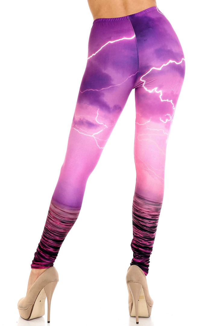 Plus Size - Creamy Soft Women's Laser Print Skin Smoothing Fashion Print Leggings - Pink Lightning Storm