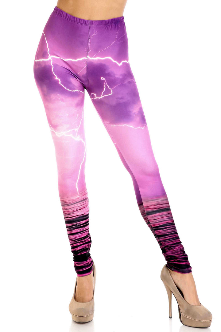 Plus Size - Creamy Soft Women's Laser Print Skin Smoothing Fashion Print Leggings - Pink Lightning Storm