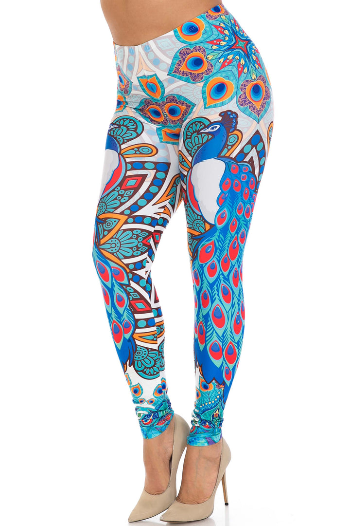 Creamy Soft Premium Women's Leggings Pristine Peacock Plus Size, High Rise, Stretchy & Breathable, Comfortable Fit - by USA Fashion