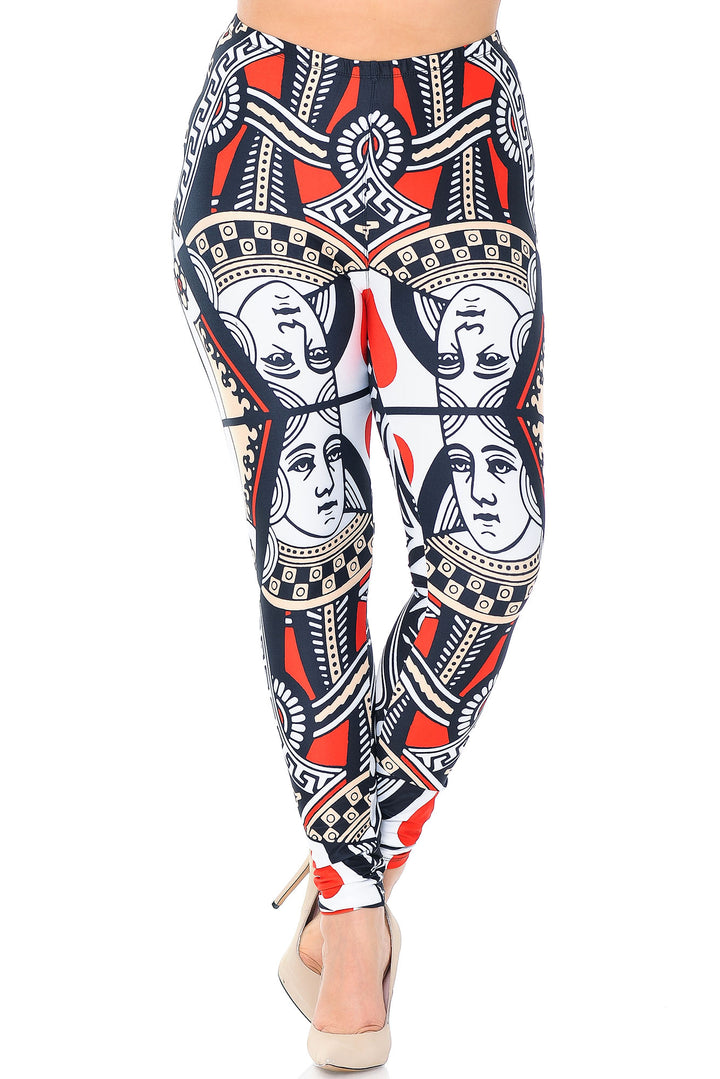 Creamy Soft Premium Women's Leggings Queen of Hearts Plus Size, High Rise, Stretchy & Breathable, Comfortable Fit - by USA Fashion