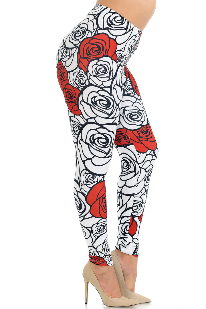 Creamy Soft Premium Women's Leggings Red Stencil Roses Plus Size, High Rise, Stretchy & Breathable, Comfortable Fit - by USA Fashion