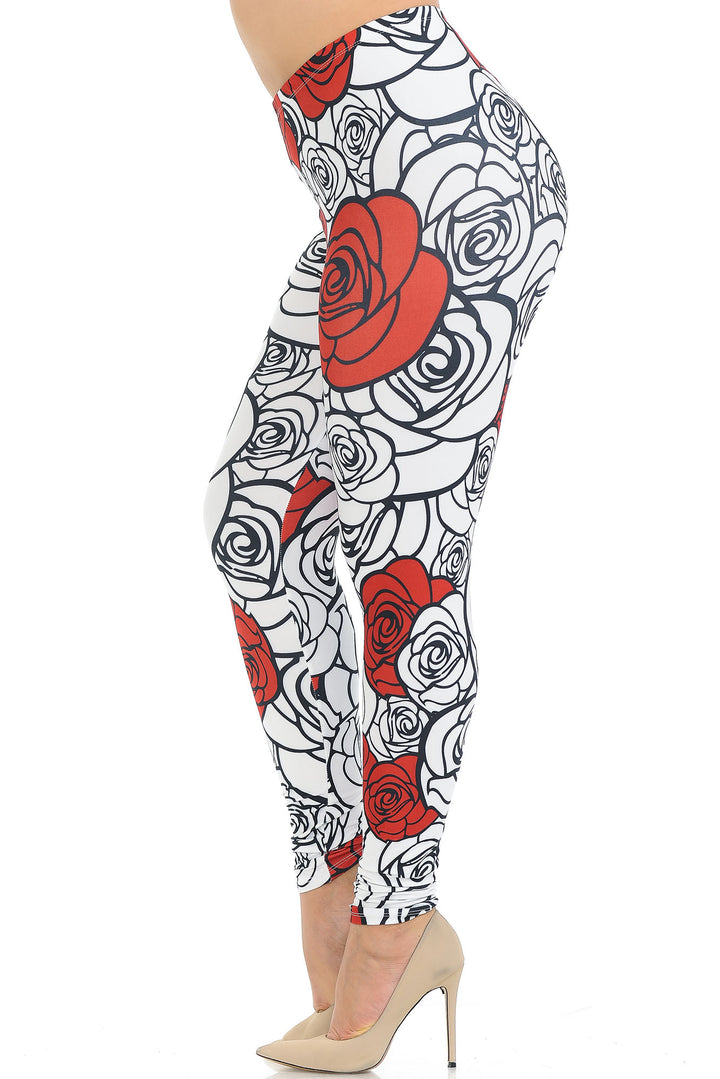 Creamy Soft Premium Women's Leggings Red Stencil Roses Plus Size, High Rise, Stretchy & Breathable, Comfortable Fit - by USA Fashion