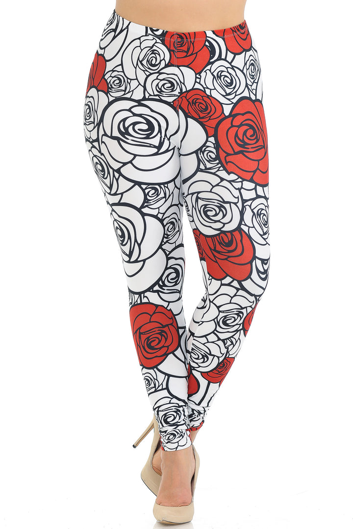 Creamy Soft Premium Women's Leggings Red Stencil Roses Plus Size, High Rise, Stretchy & Breathable, Comfortable Fit - by USA Fashion