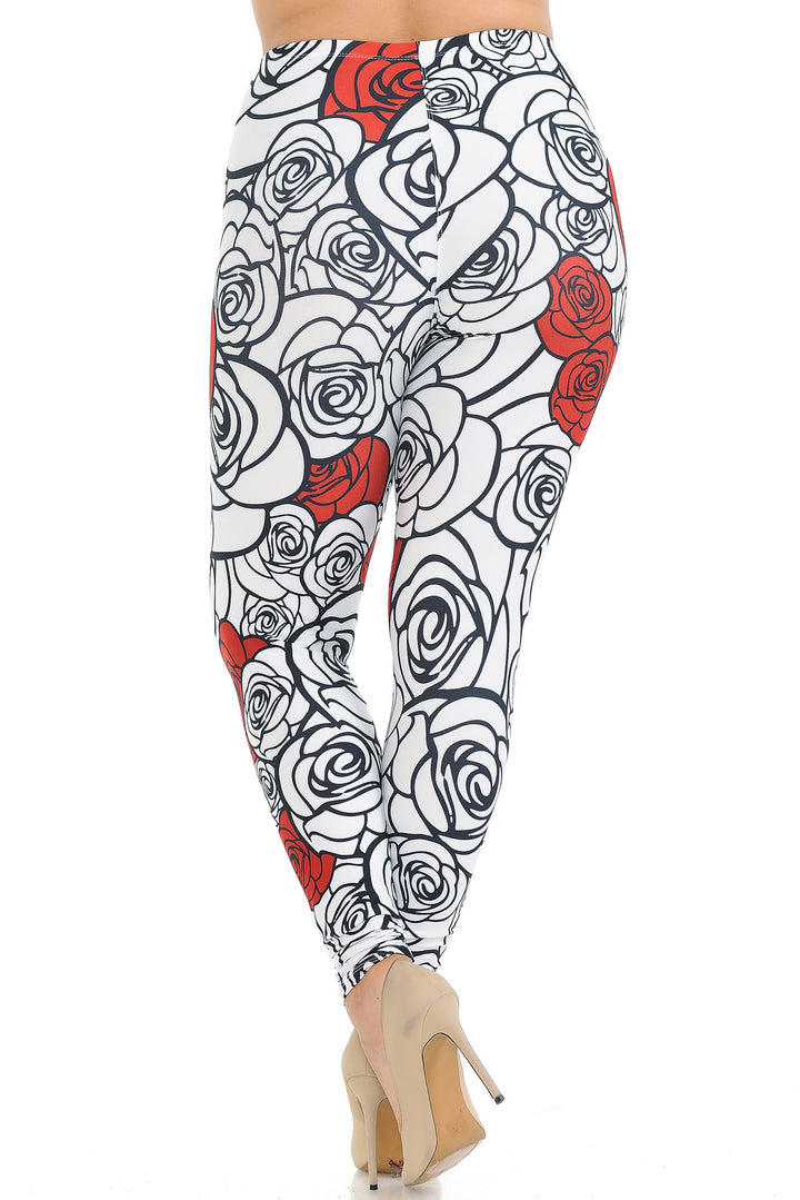 Creamy Soft Premium Women's Leggings Red Stencil Roses Plus Size, High Rise, Stretchy & Breathable, Comfortable Fit - by USA Fashion