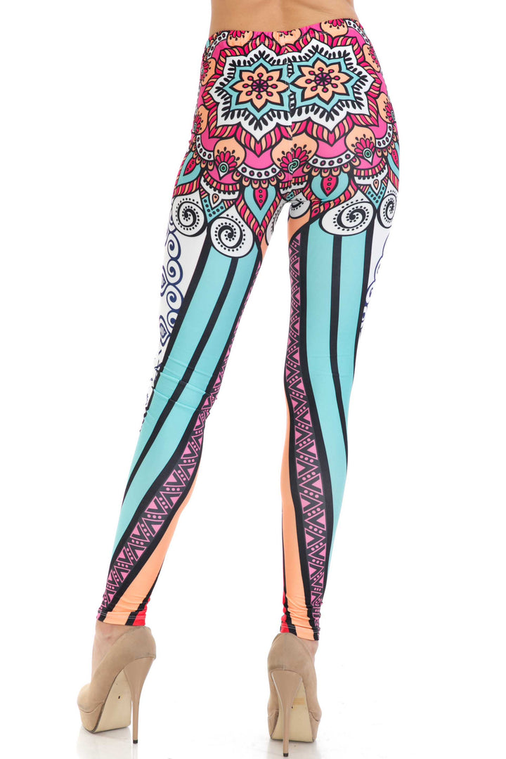 Plus Size - Creamy Soft Women's Laser Print Skin Smoothing Fashion Print Leggings - Sexy Vertical Contouring Mandala