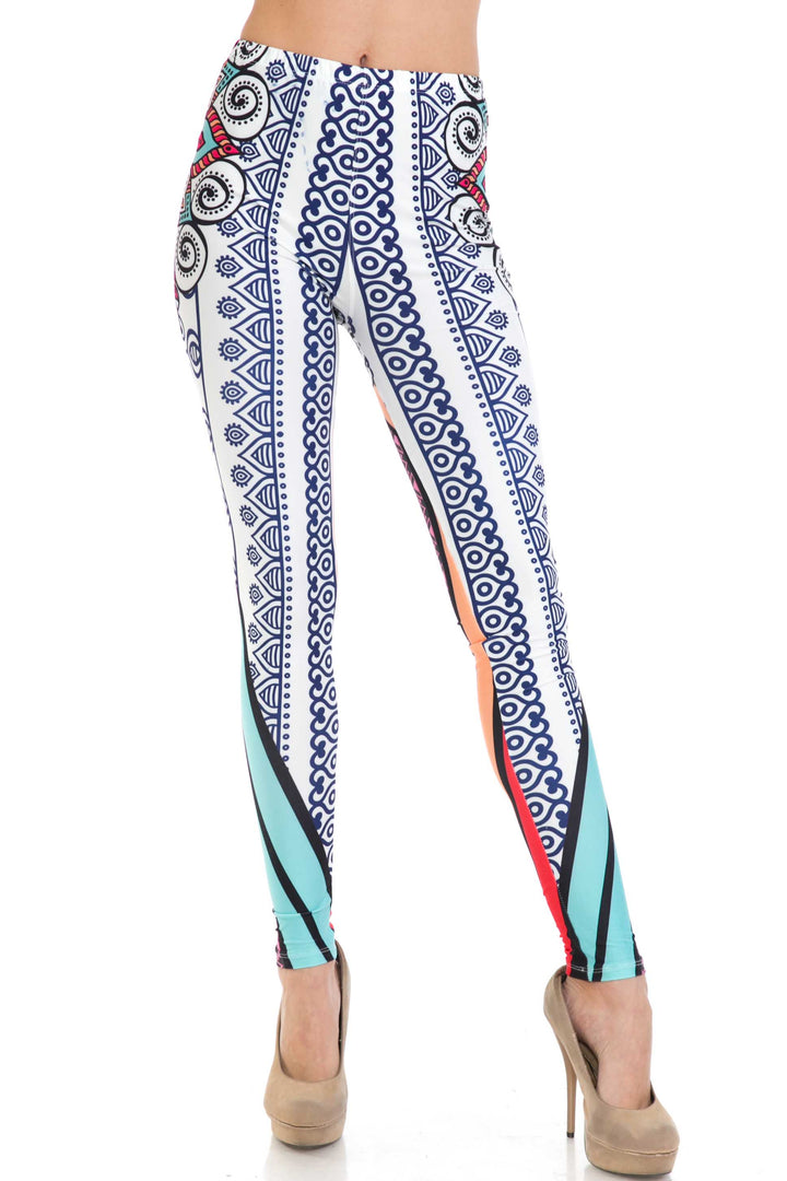 Plus Size - Creamy Soft Women's Laser Print Skin Smoothing Fashion Print Leggings - Sexy Vertical Contouring Mandala
