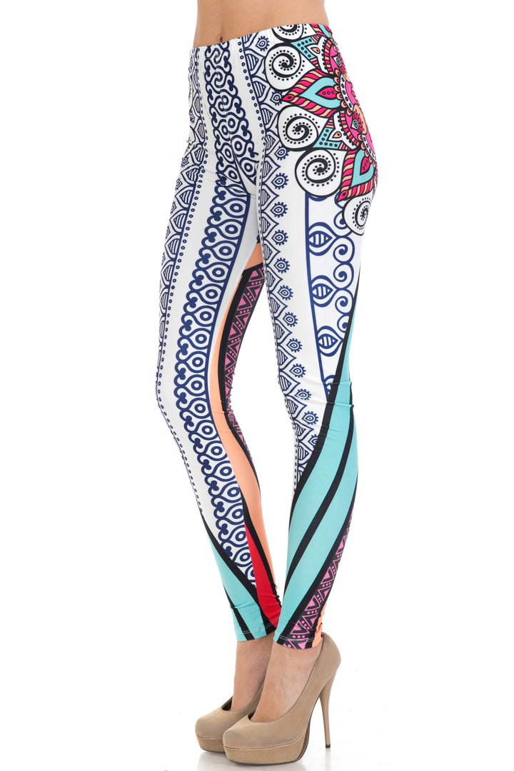 Plus Size - Creamy Soft Women's Laser Print Skin Smoothing Fashion Print Leggings - Sexy Vertical Contouring Mandala