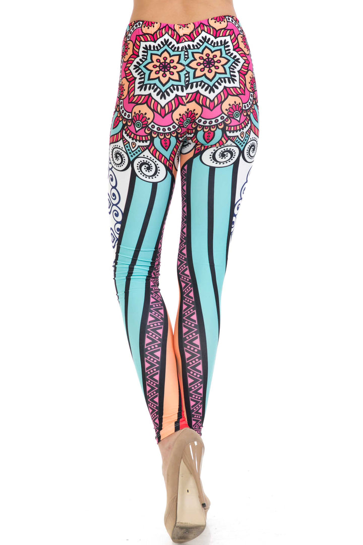 Plus Size - Creamy Soft Women's Laser Print Skin Smoothing Fashion Print Leggings - Sexy Vertical Contouring Mandala