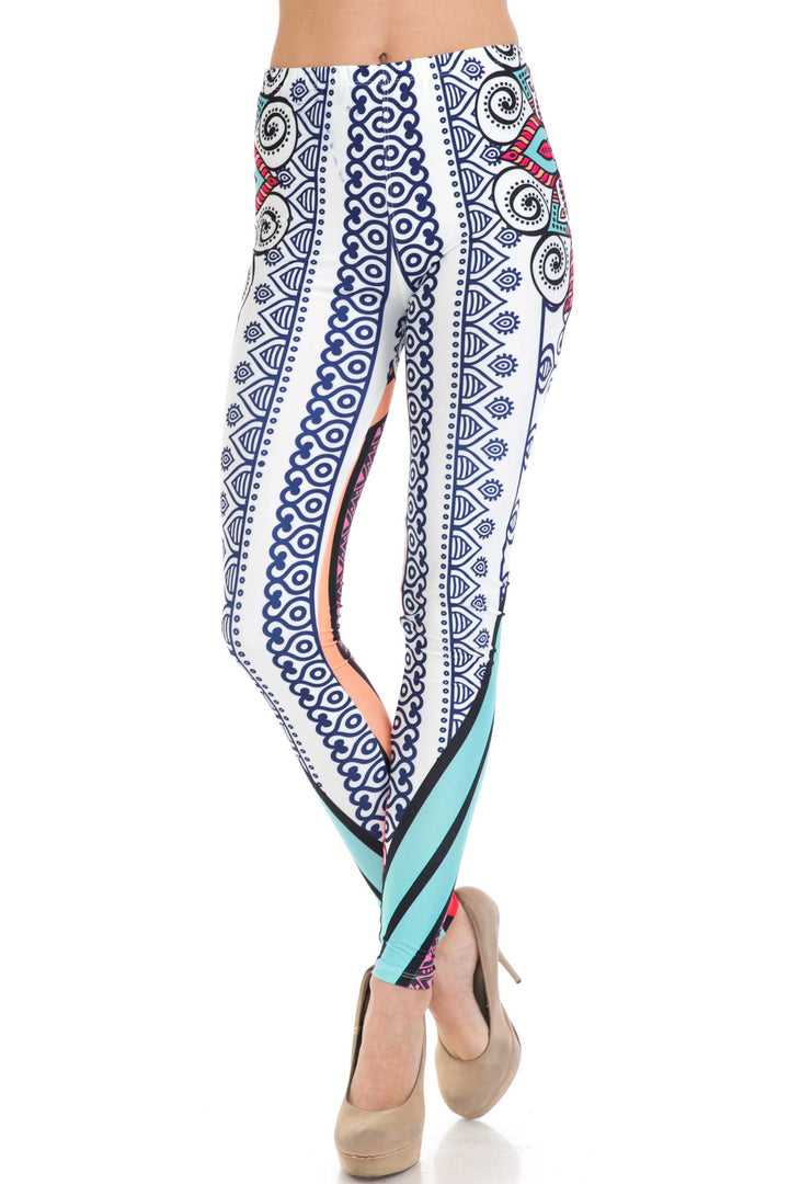 Plus Size - Creamy Soft Women's Laser Print Skin Smoothing Fashion Print Leggings - Sexy Vertical Contouring Mandala