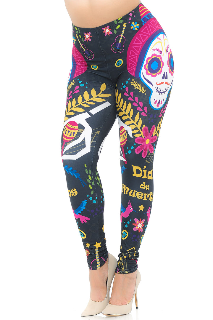 Plus Size - Creamy Soft Women's Laser Print Skin Smoothing Fashion Print Leggings - Day of The Dead