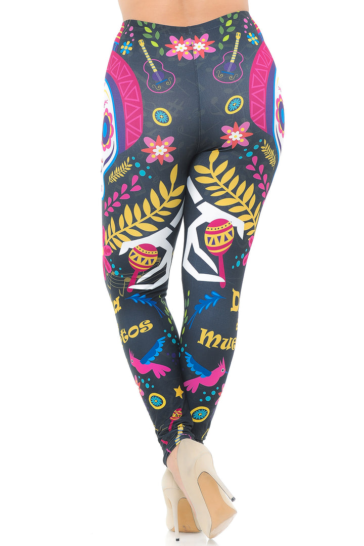 Plus Size - Creamy Soft Women's Laser Print Skin Smoothing Fashion Print Leggings - Day of The Dead