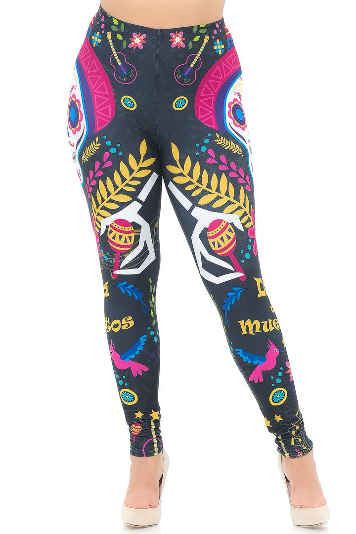 Plus Size - Creamy Soft Women's Laser Print Skin Smoothing Fashion Print Leggings - Day of The Dead