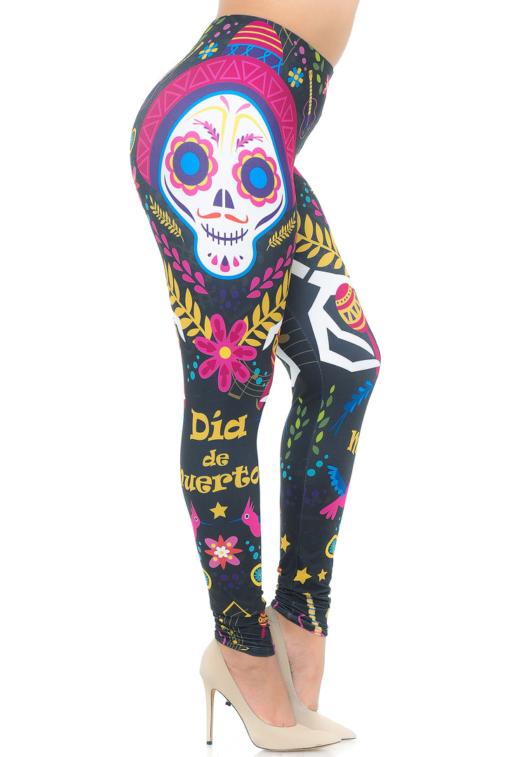 Plus Size - Creamy Soft Women's Laser Print Skin Smoothing Fashion Print Leggings - Day of The Dead