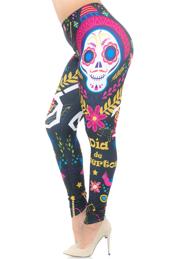 Plus Size - Creamy Soft Women's Laser Print Skin Smoothing Fashion Print Leggings - Day of The Dead