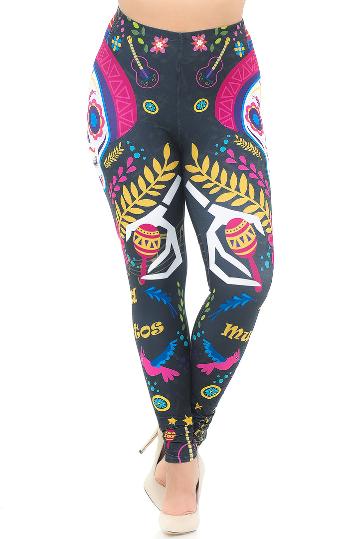 Plus Size - Creamy Soft Women's Laser Print Skin Smoothing Fashion Print Leggings - Day of The Dead