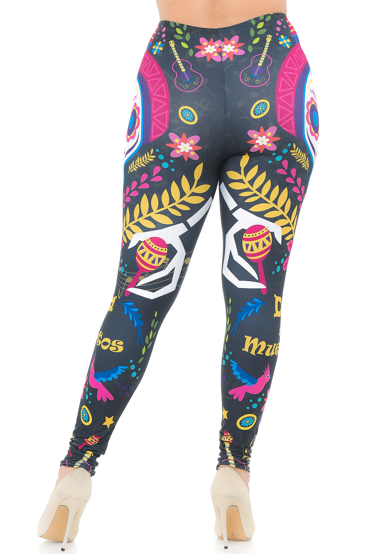 Plus Size - Creamy Soft Women's Laser Print Skin Smoothing Fashion Print Leggings - Day of The Dead
