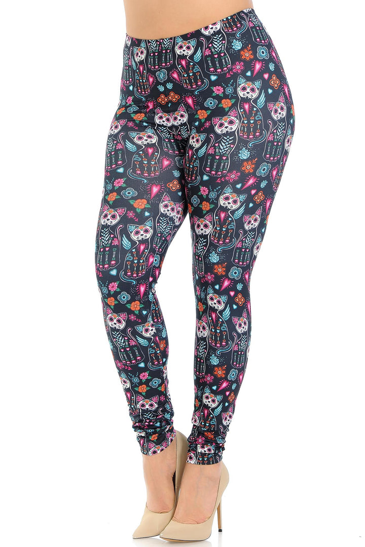 Plus Size - Creamy Soft Women's Laser Print Skin Smoothing Fashion Print Leggings - Sugar Skull Kitty Cats