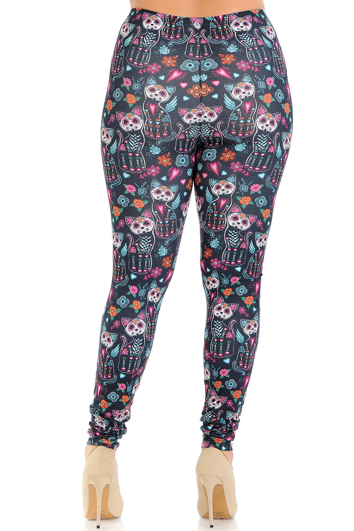 Plus Size - Creamy Soft Women's Laser Print Skin Smoothing Fashion Print Leggings - Sugar Skull Kitty Cats