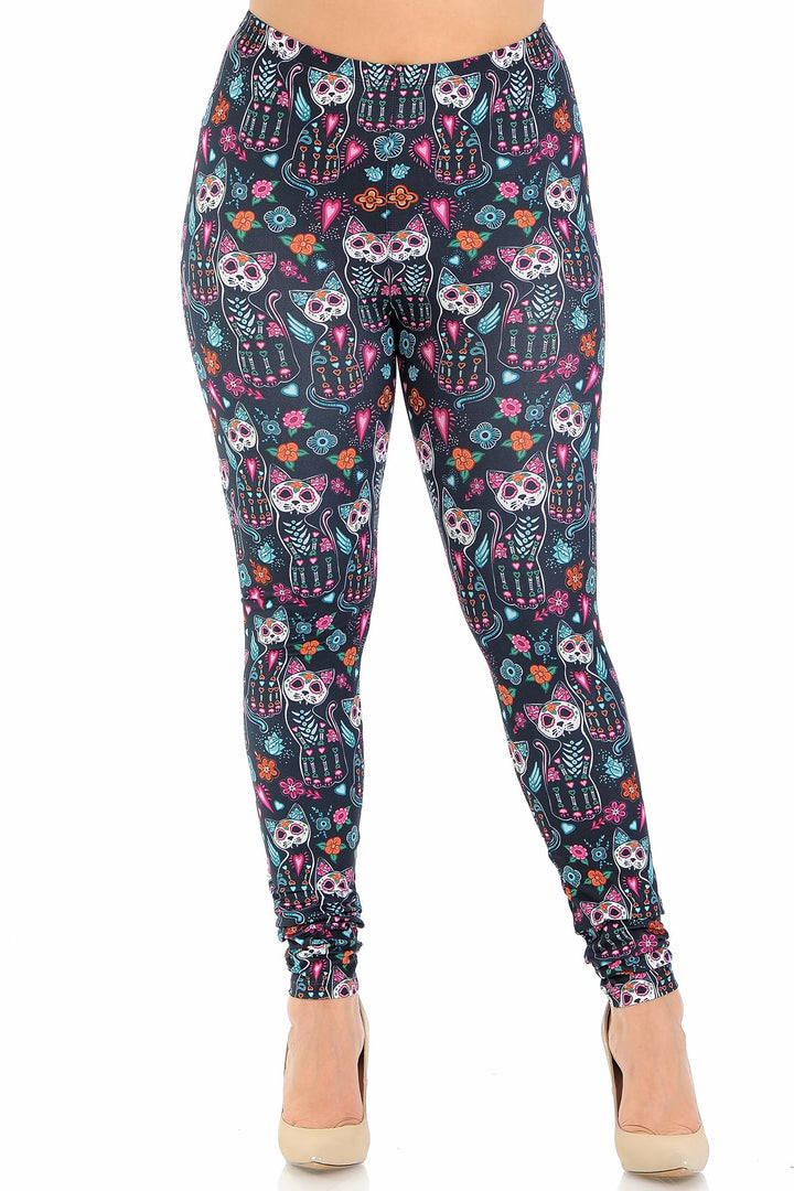 Plus Size - Creamy Soft Women's Laser Print Skin Smoothing Fashion Print Leggings - Sugar Skull Kitty Cats