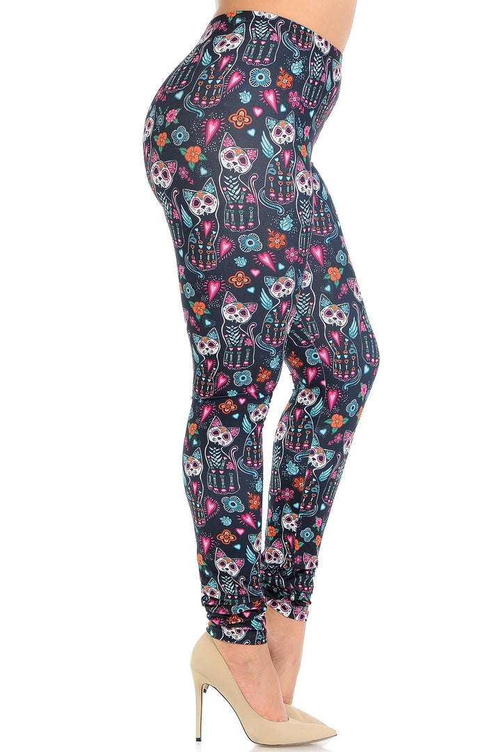 Plus Size - Creamy Soft Women's Laser Print Skin Smoothing Fashion Print Leggings - Sugar Skull Kitty Cats