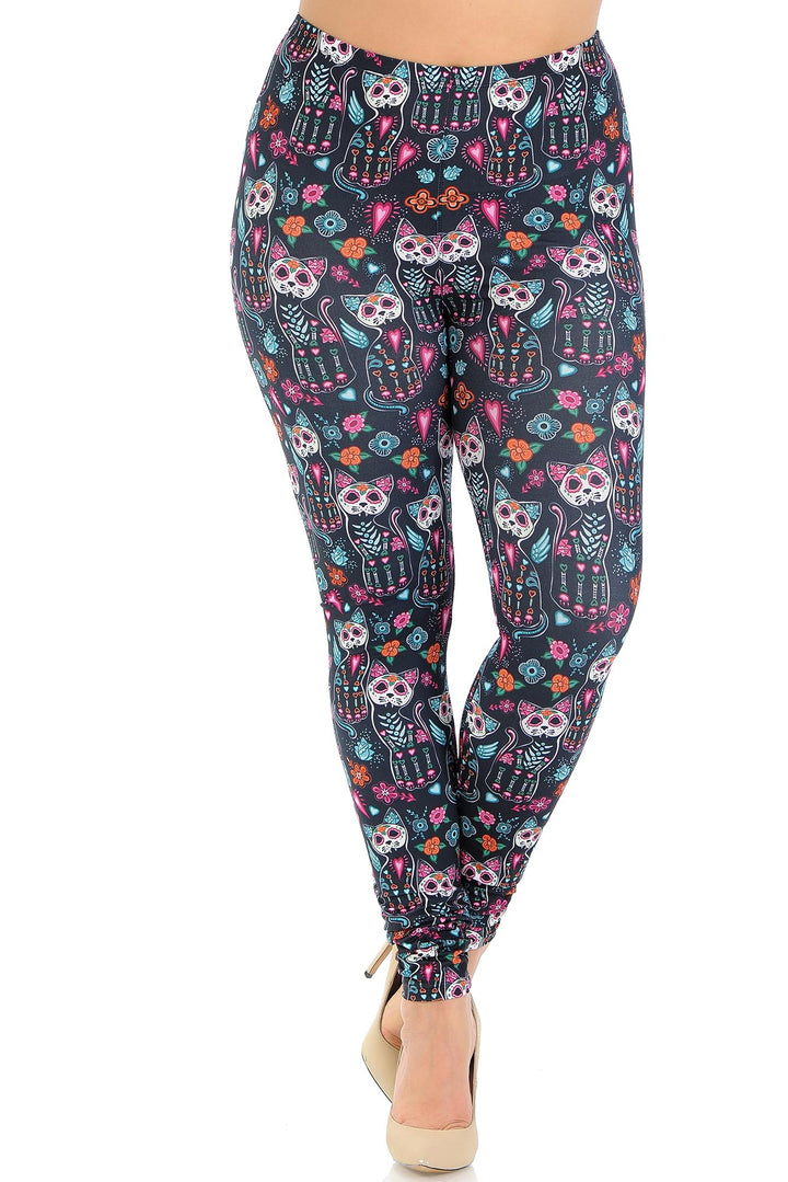 Plus Size - Creamy Soft Women's Laser Print Skin Smoothing Fashion Print Leggings - Sugar Skull Kitty Cats