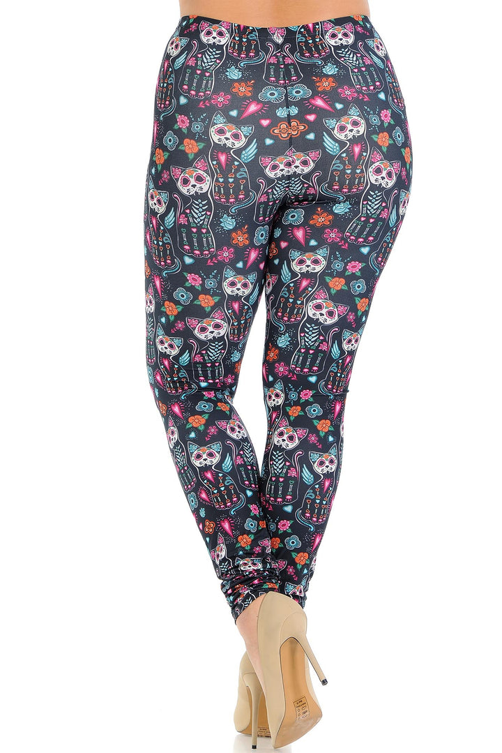 Plus Size - Creamy Soft Women's Laser Print Skin Smoothing Fashion Print Leggings - Sugar Skull Kitty Cats