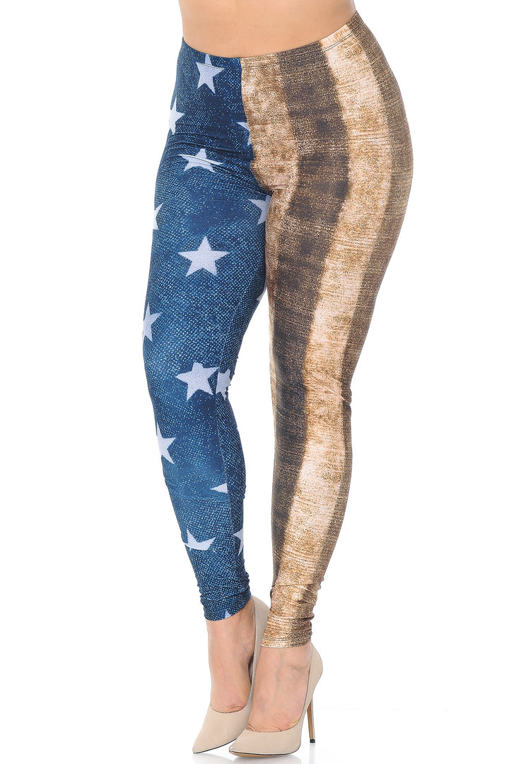 Plus Size - Creamy Soft Women's Laser Print Skin Smoothing Fashion Print Leggings - Vintage USA Flag