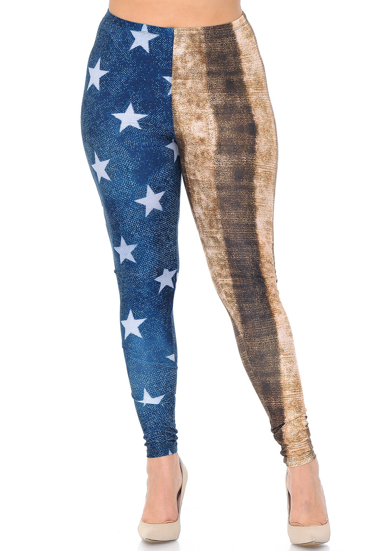 Plus Size - Creamy Soft Women's Laser Print Skin Smoothing Fashion Print Leggings - Vintage USA Flag