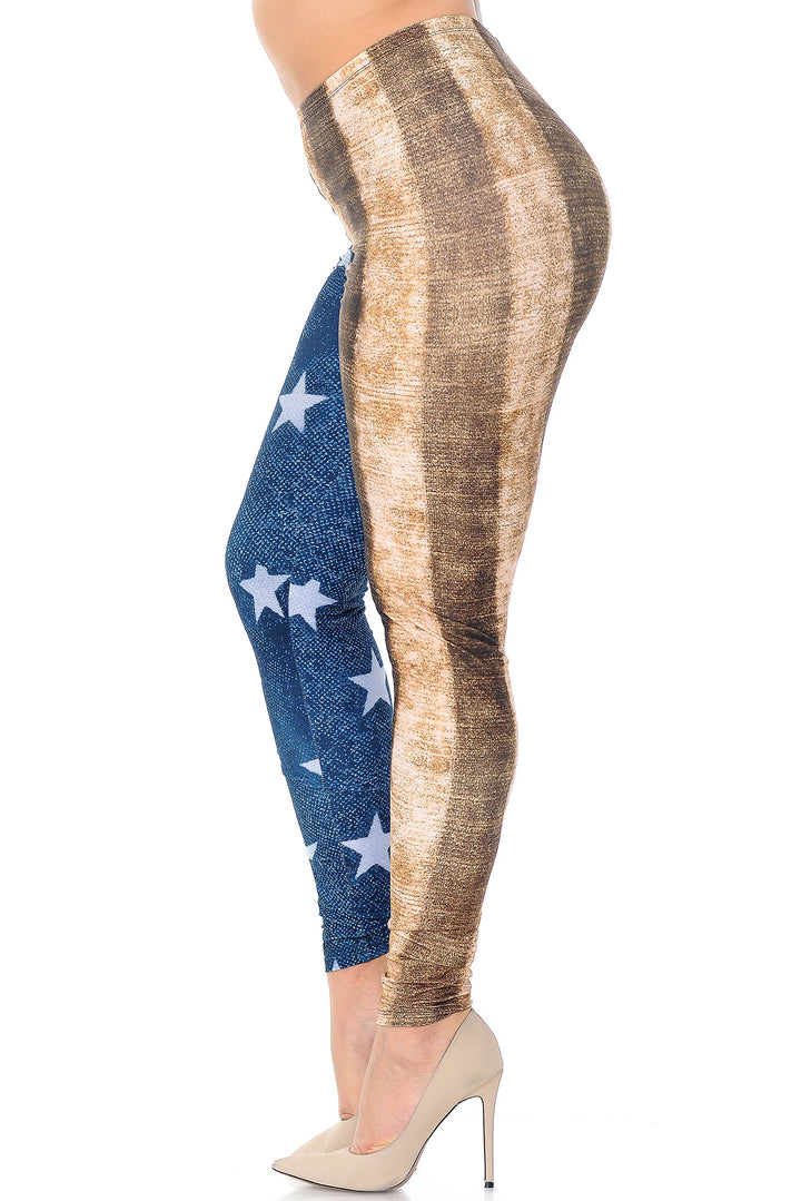 Plus Size - Creamy Soft Women's Laser Print Skin Smoothing Fashion Print Leggings - Vintage USA Flag