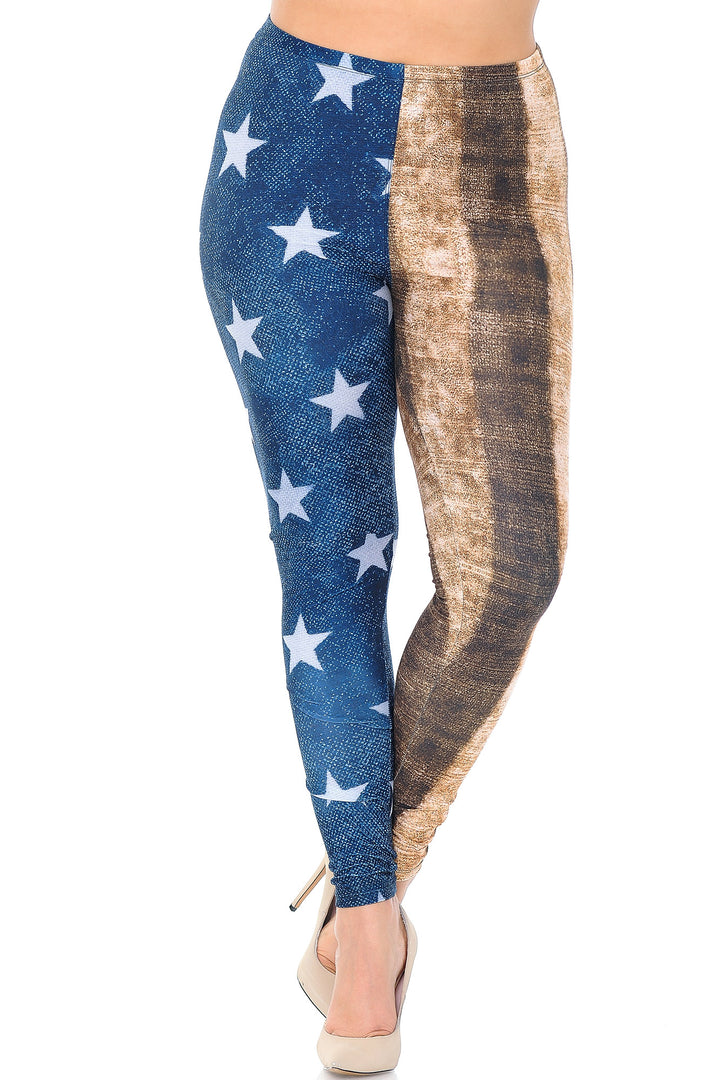 Plus Size - Creamy Soft Women's Laser Print Skin Smoothing Fashion Print Leggings - Vintage USA Flag