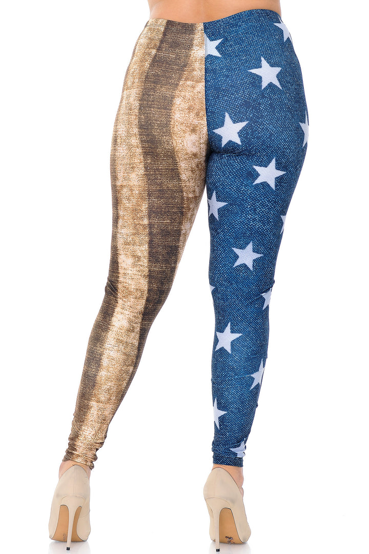 Plus Size - Creamy Soft Women's Laser Print Skin Smoothing Fashion Print Leggings - Vintage USA Flag