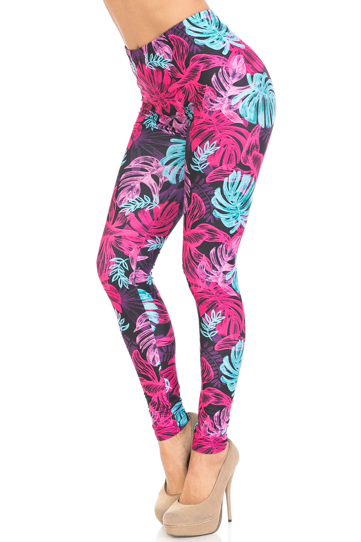 Plus Size - Creamy Soft Women's Laser Print Skin Smoothing Fashion Print Leggings - Vivid Tropical Leaves