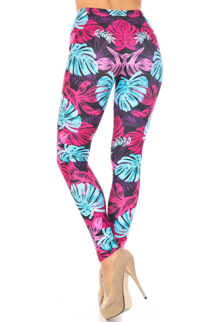 Plus Size - Creamy Soft Women's Laser Print Skin Smoothing Fashion Print Leggings - Vivid Tropical Leaves