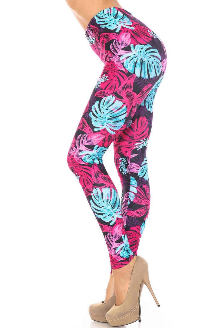 Plus Size - Creamy Soft Women's Laser Print Skin Smoothing Fashion Print Leggings - Vivid Tropical Leaves