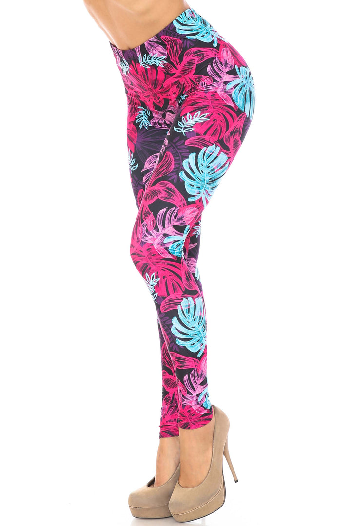 Plus Size - Creamy Soft Women's Laser Print Skin Smoothing Fashion Print Leggings - Vivid Tropical Leaves