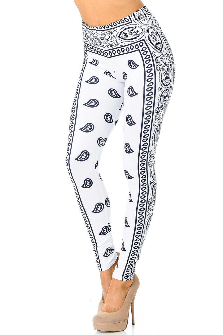 Creamy Soft Premium Women's Leggings White Bandana Plus Size, High Rise, Stretchy & Breathable, Comfortable Fit - by USA Fashion