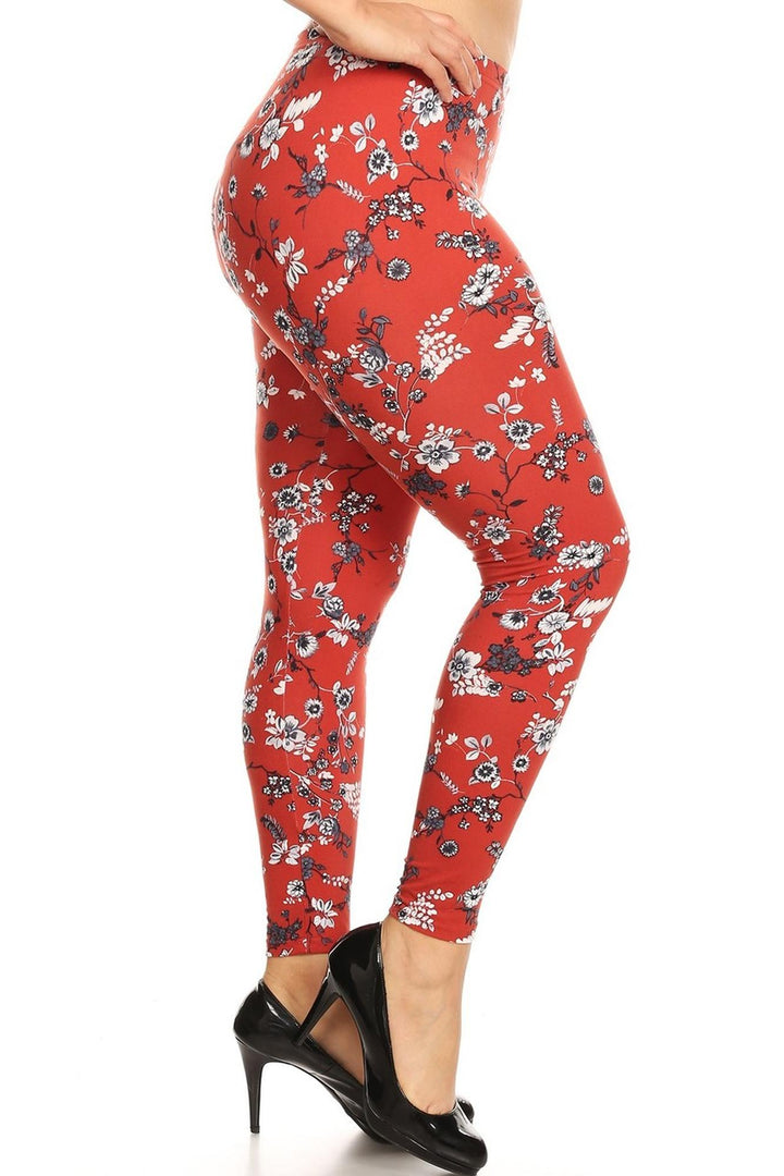 Buttery Smooth Ruby Red Spring Floral Leggings - Plus Size - 1XL 2XL 3XL