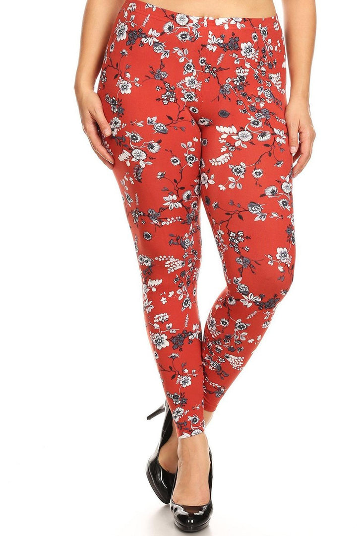 Buttery Smooth Ruby Red Spring Floral Leggings - Plus Size - 1XL 2XL 3XL