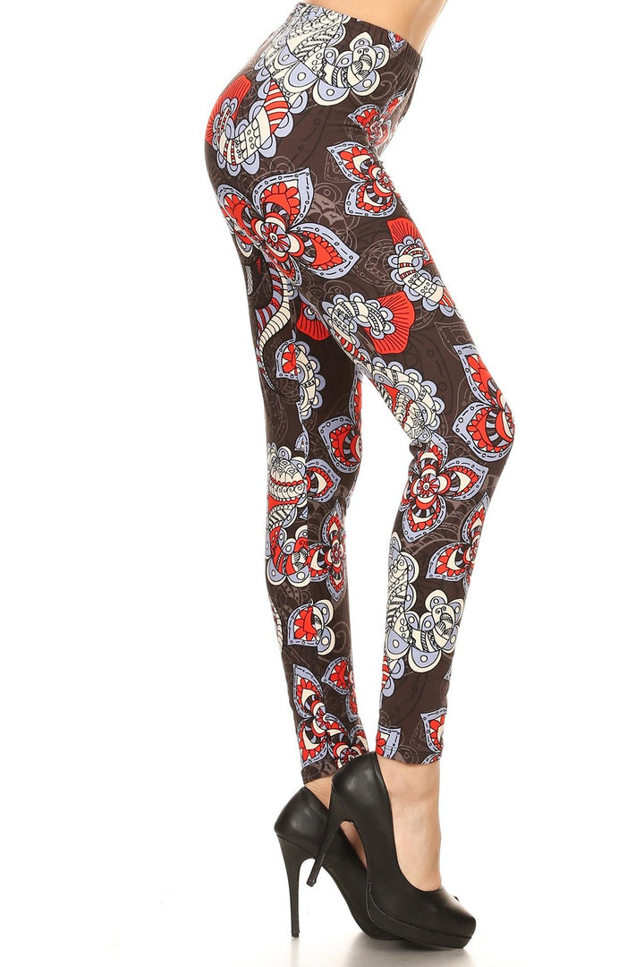 Buttery Soft Ruby Floral Mandala Leggings (One Size Regular,Red)