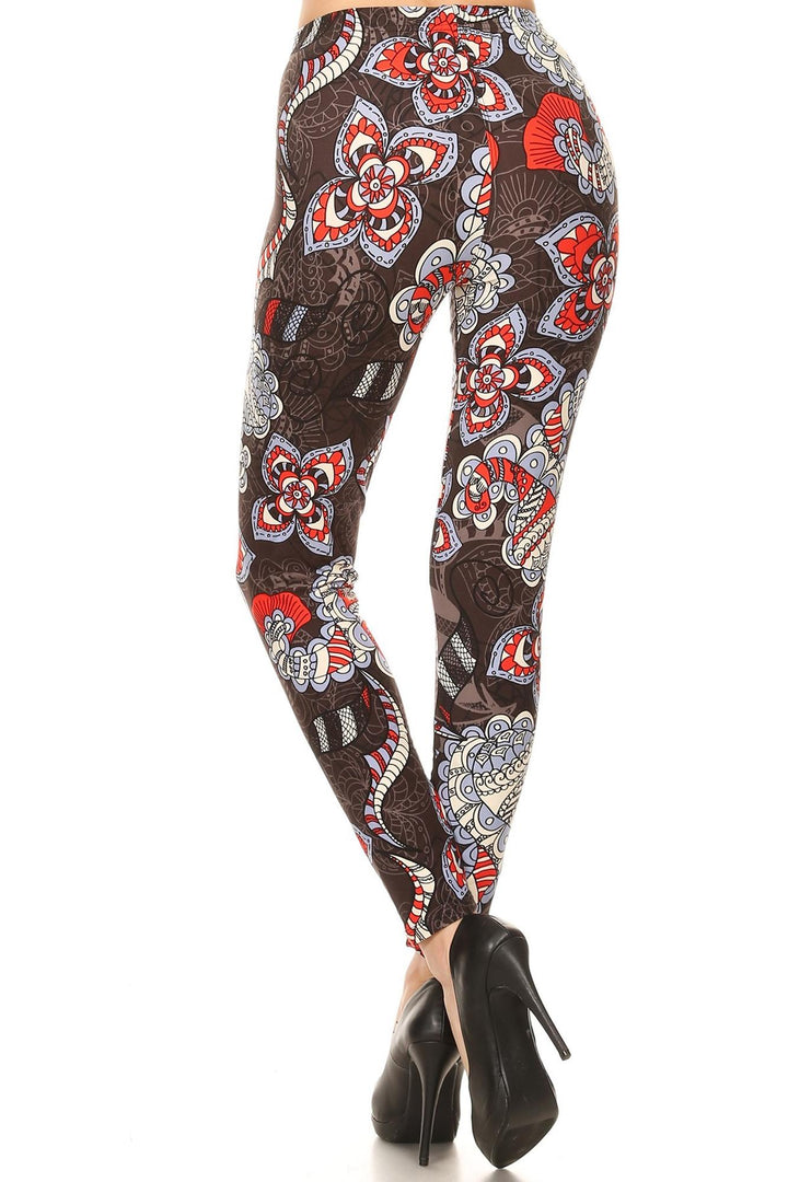 Buttery Soft Ruby Floral Mandala Leggings (One Size Regular,Red)