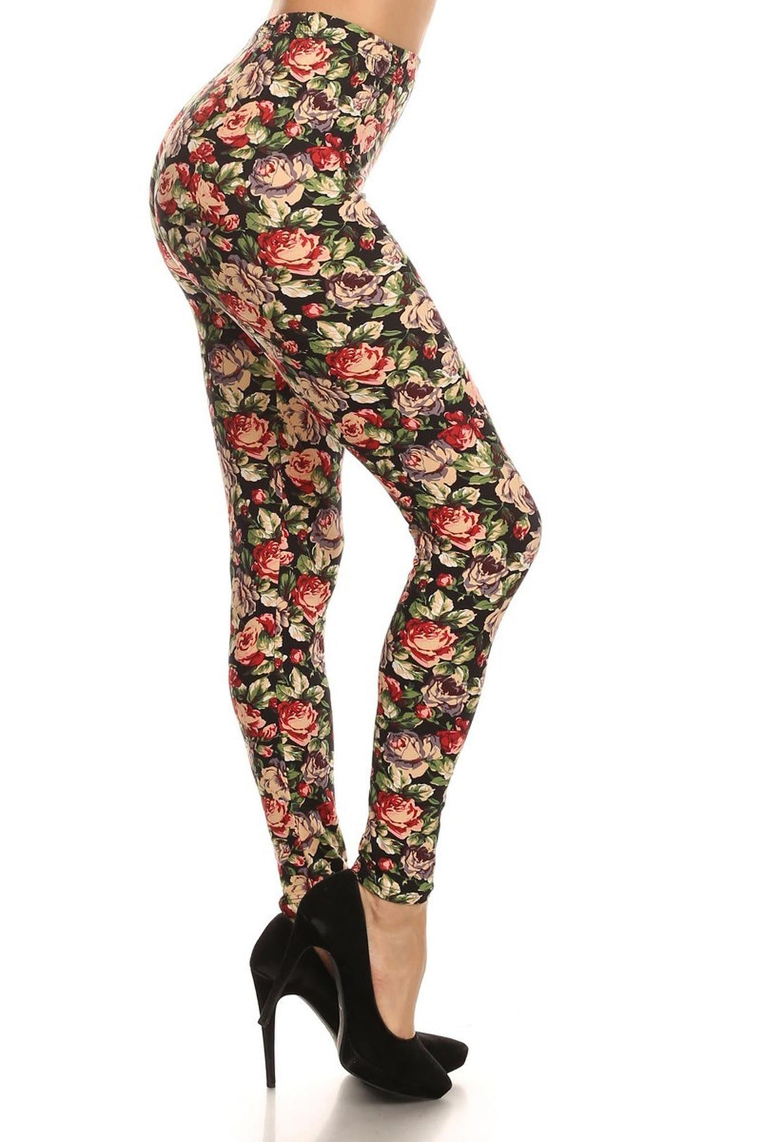 Buttery Soft Vintage Floral Leggings (One Size Regular,Multi Color Bold)
