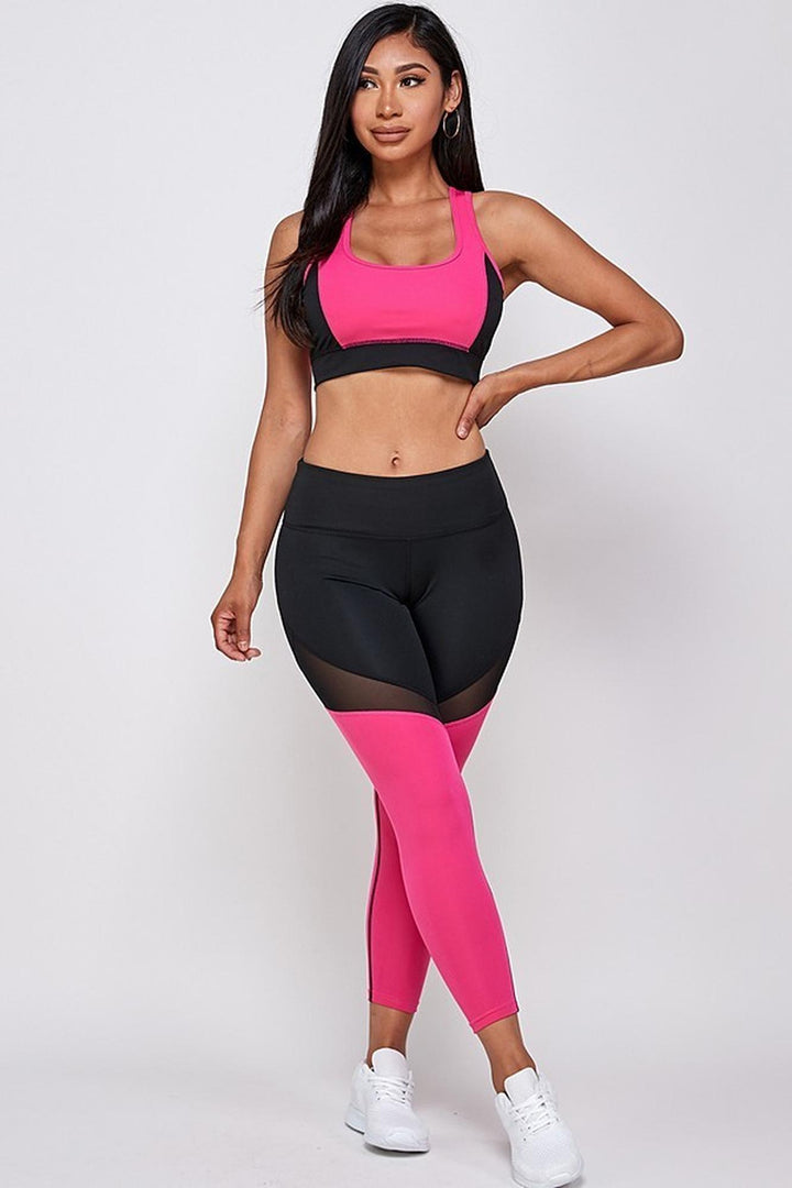 Premium 2 Piece Fuchsia Color Block Bra Top and Leggings Sport Set