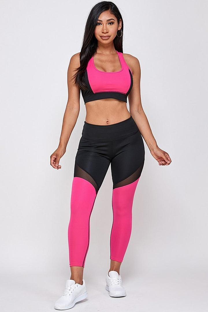 Premium 2 Piece Fuchsia Color Block Bra Top and Leggings Sport Set
