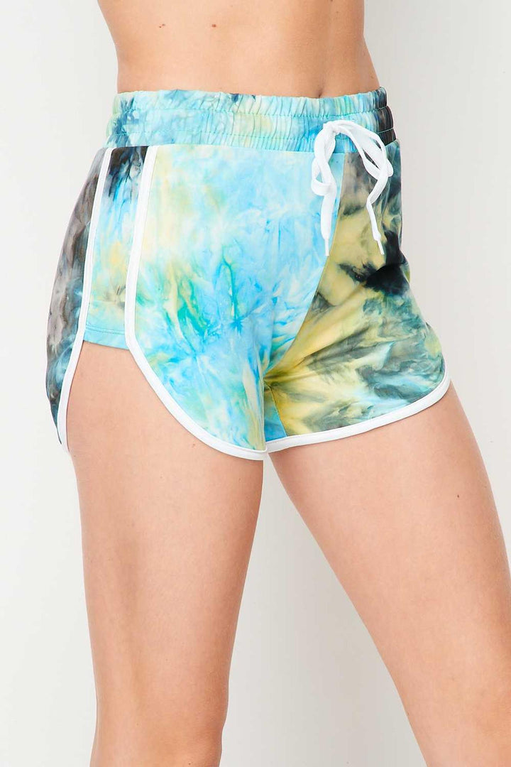 Buttery Smooth Blue Tie Dye Side Striped Drawstring Waist Dolphin Shorts