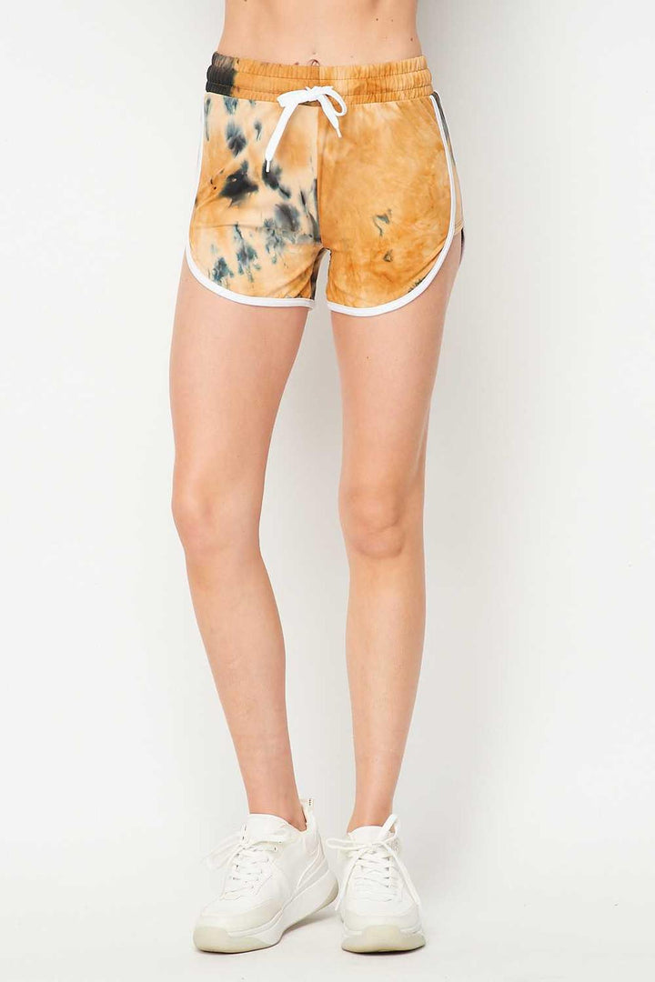 Buttery Smooth Camel Tie Dye Side Striped Drawstring Waist Dolphin Shorts