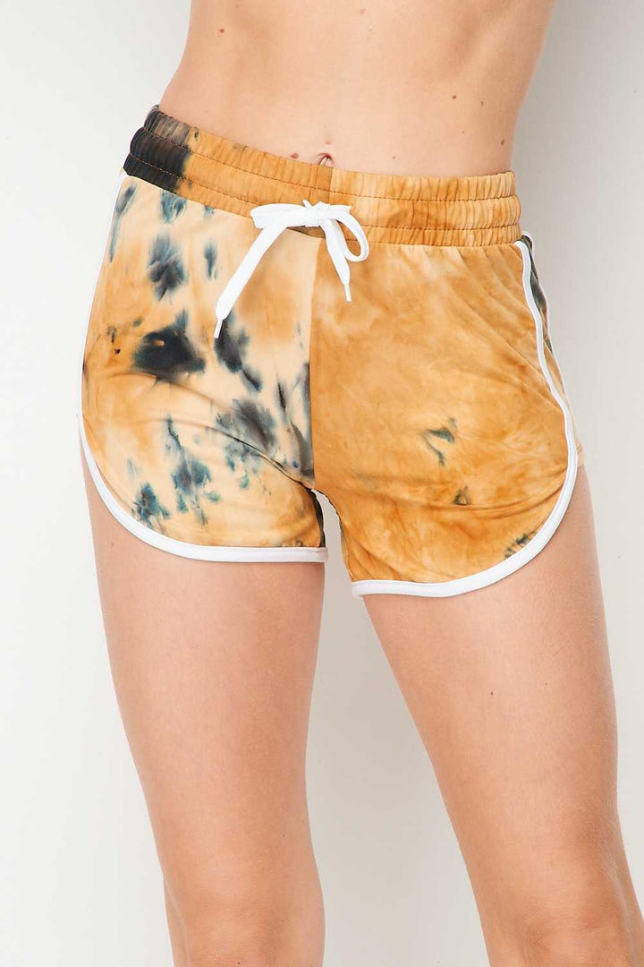 Buttery Smooth Camel Tie Dye Side Striped Drawstring Waist Dolphin Shorts