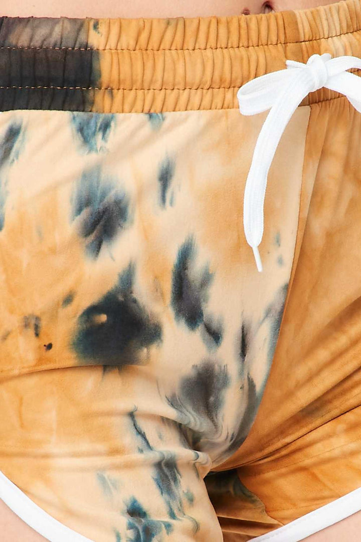 Buttery Smooth Camel Tie Dye Side Striped Drawstring Waist Dolphin Shorts