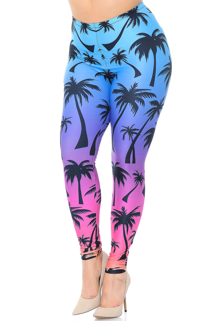 Creamy Soft Premium Women's Leggings Ombre Palm Tree Plus Size, High Rise, Stretchy & Breathable, Comfortable Fit - by USA Fashion